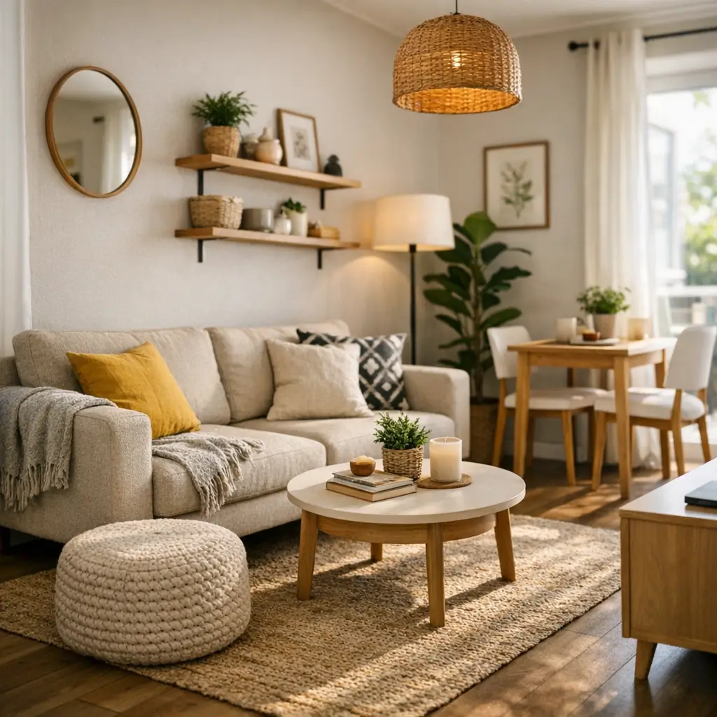 Como decorar sala pequena gastando pouco: 10 ideias, sofá bege, mesa redonda, puff, tapete de palha, prateleiras, espelho e mesa de jantar
