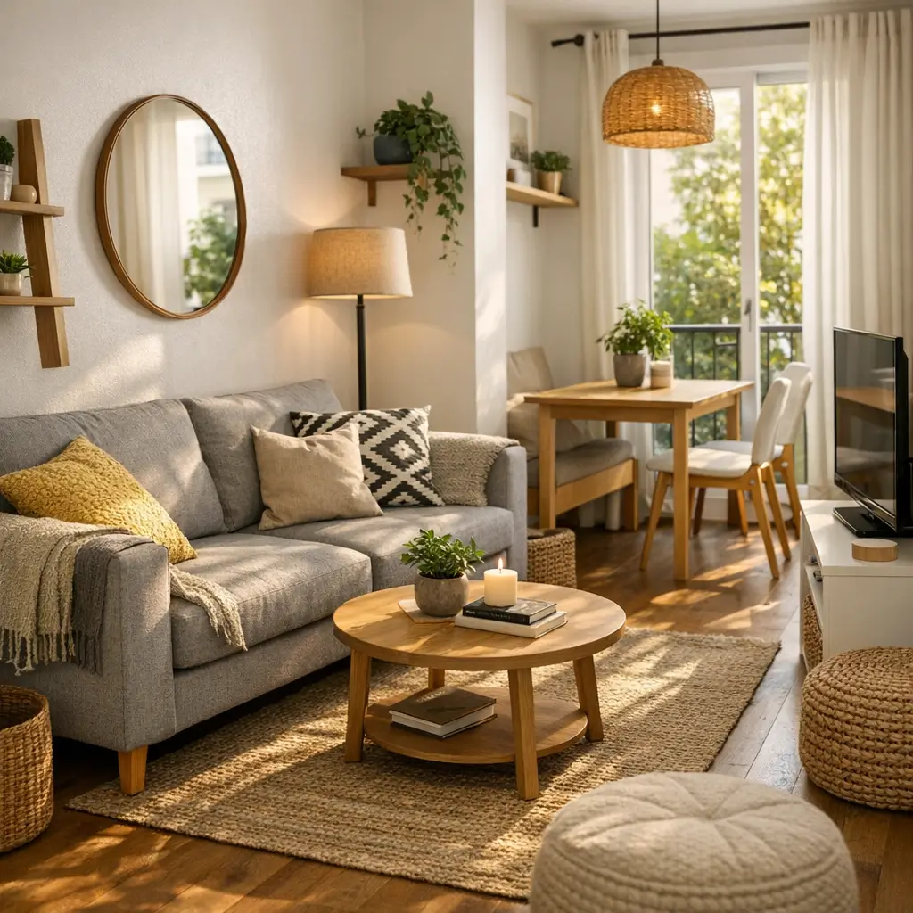 Como decorar sala pequena gastando pouco: 10 ideias, sofá cinza, mesa de centro redonda, espelho, mesa de jantar, TV, plantas e luminária de palha