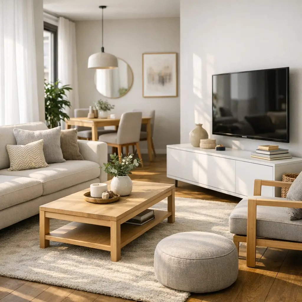 Como escolher a cor dos móveis pra sala parecer maior: sala clara com rack branco e mesa de centro de madeira