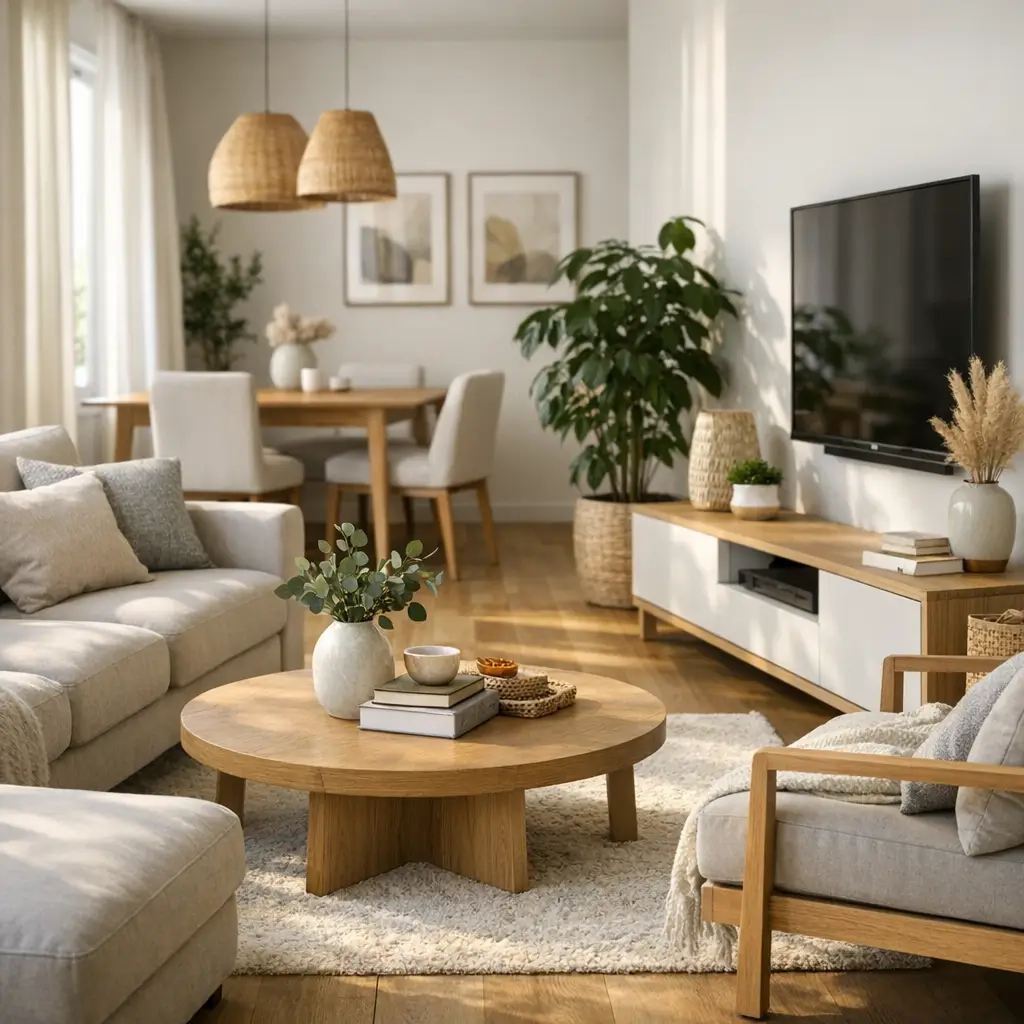 Como escolher a cor dos móveis pra sala parecer maior: sala clara com sofá bege e móveis de madeira