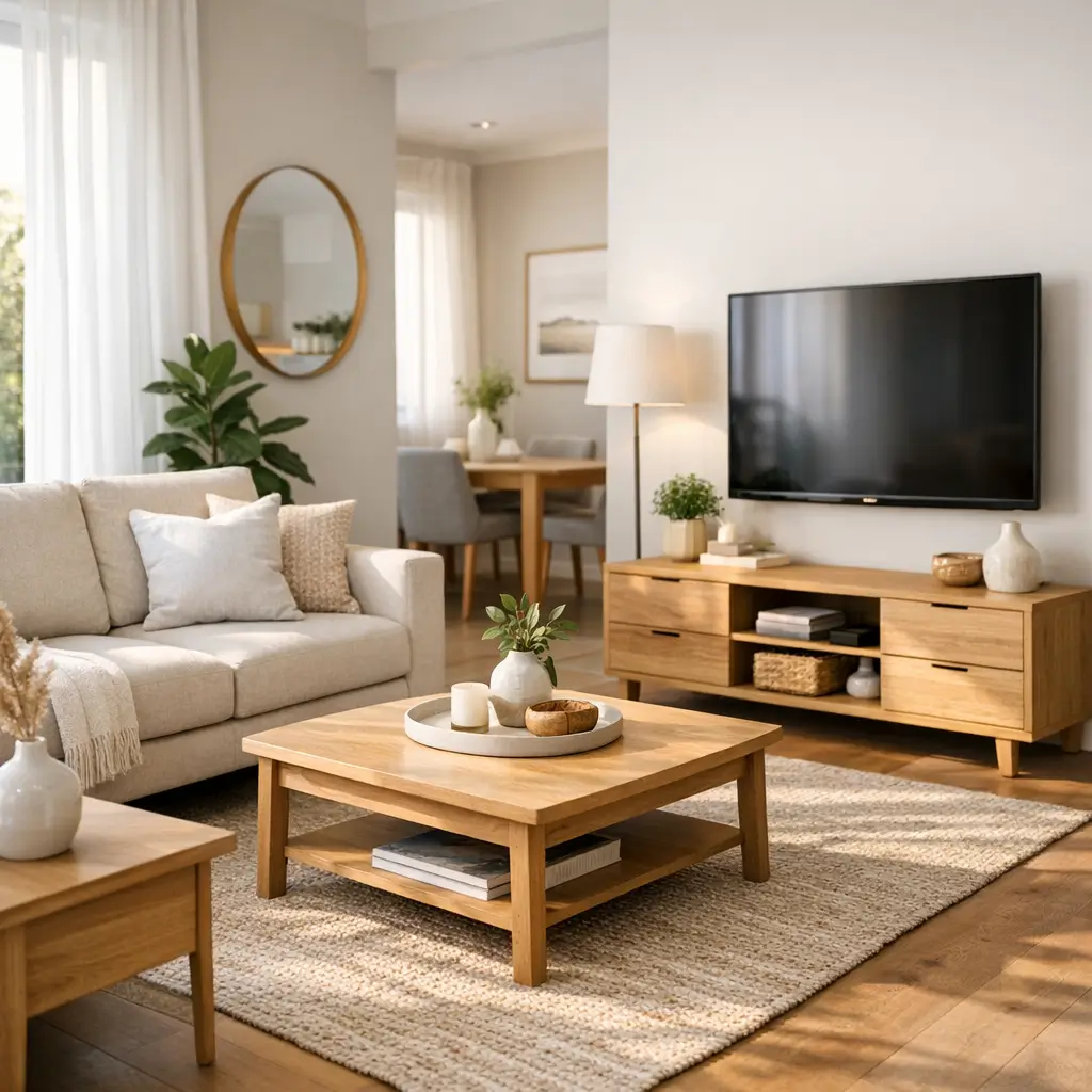 Como escolher a cor dos móveis pra sala parecer maior: sofá bege, rack e mesa de centro de madeira, TV na parede