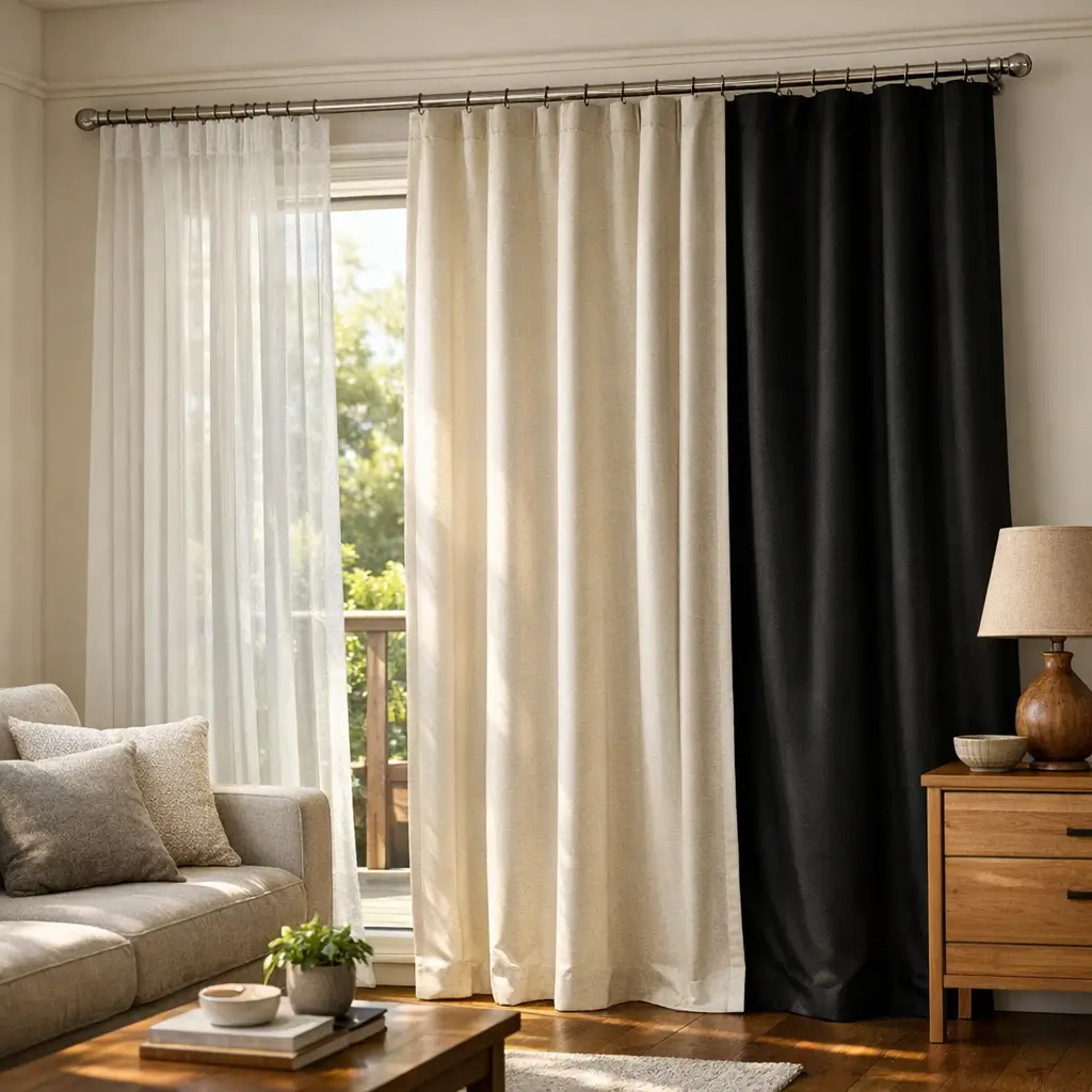 Como escolher cortina para sala: tamanho ideal, varão com voil branco, cortina bege e blackout preto