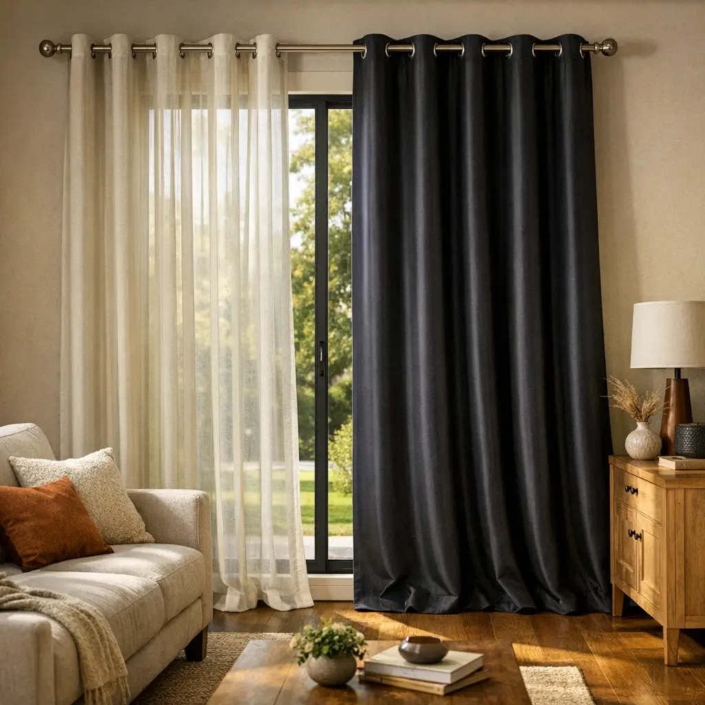 Como escolher cortina para sala: tamanho ideal, voil branco e blackout preto na porta de vidro na sala