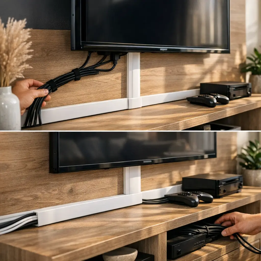 Como esconder fios da TV no painel sem quebrar parede, canaleta branca e mãos organizando cabos