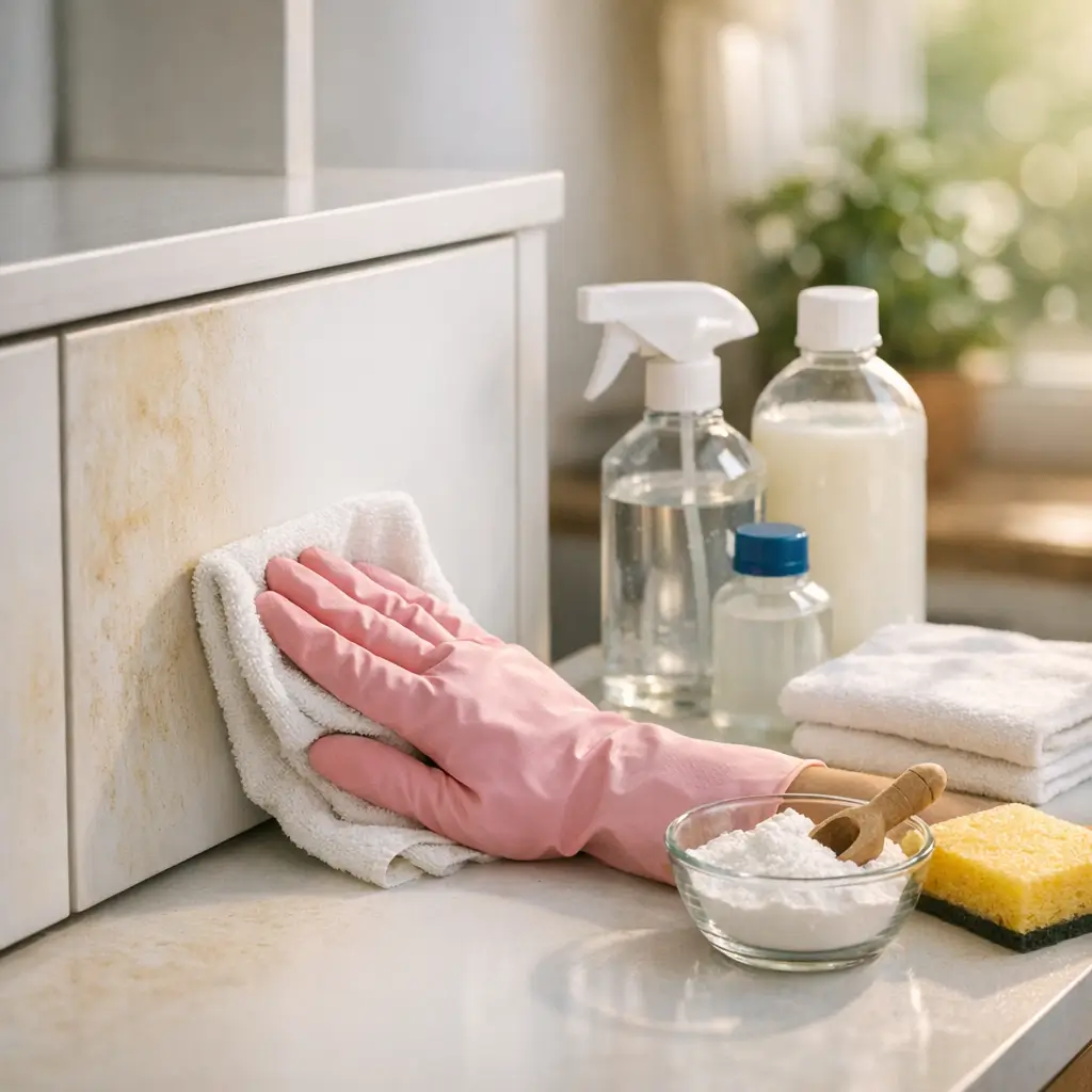 Como limpar MDF branco encardido sem amarelar: luva rosa limpando armário branco manchado com pano e produtos