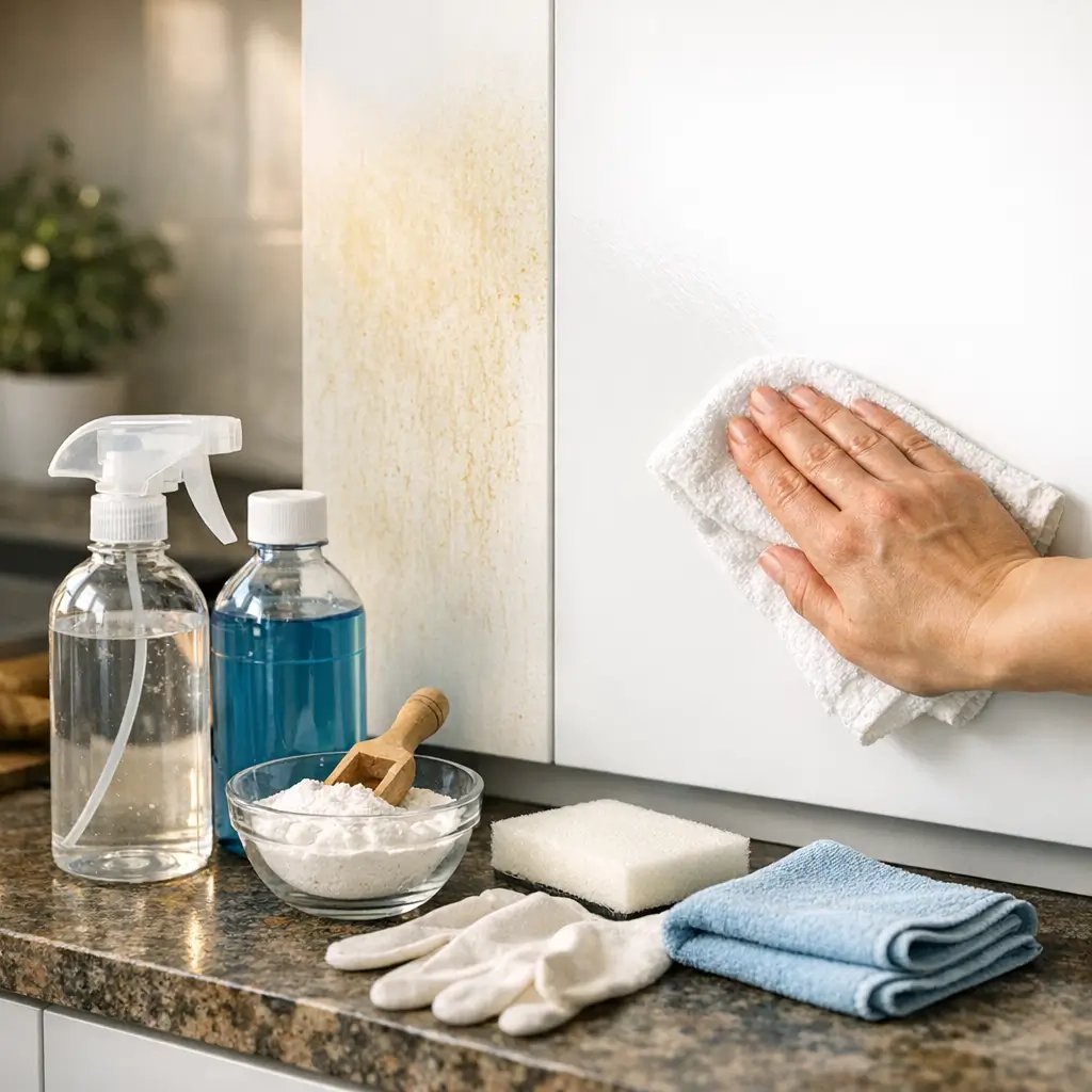 Como limpar MDF branco encardido sem amarelar: mão limpando porta branca manchada, frascos e esponja