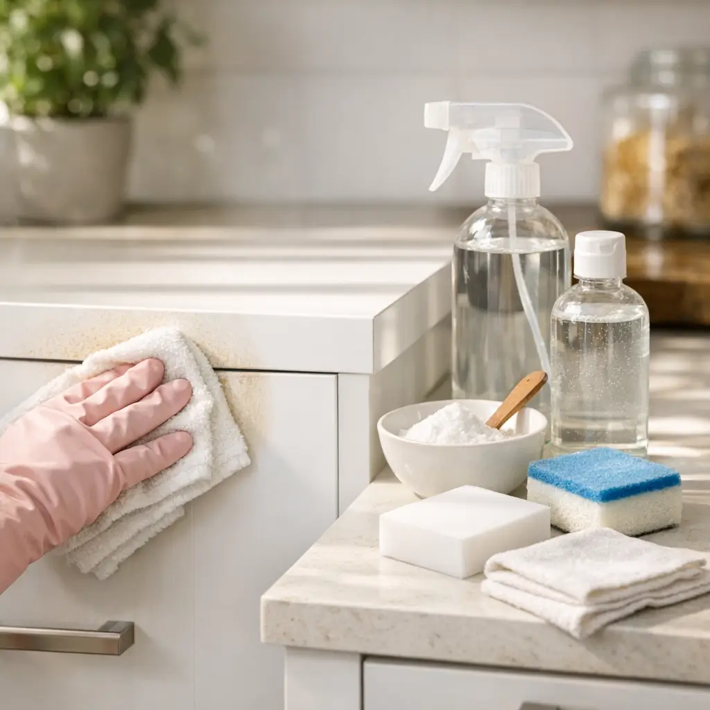 Como limpar MDF branco encardido sem amarelar: pano limpando armário de cozinha branco com produtos de limpeza