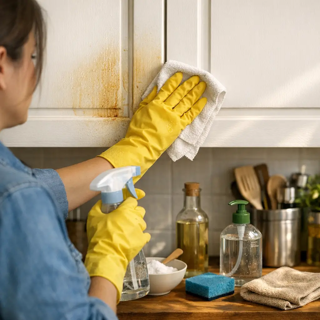 Como limpar armário de cozinha engordurado: sem manchar, luvas amarelas limpando armário branco com pano e borrifador
