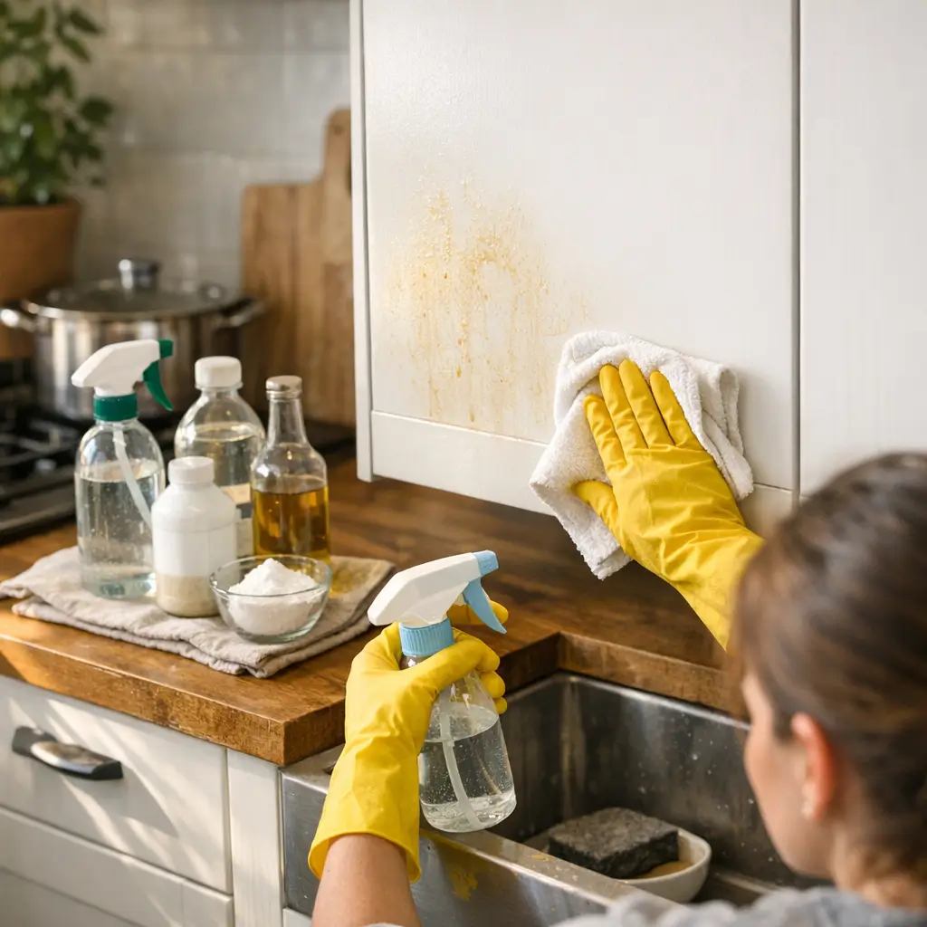Como limpar armário de cozinha engordurado: sem manchar, luvas amarelas limpando armário branco perto da pia com borrifador