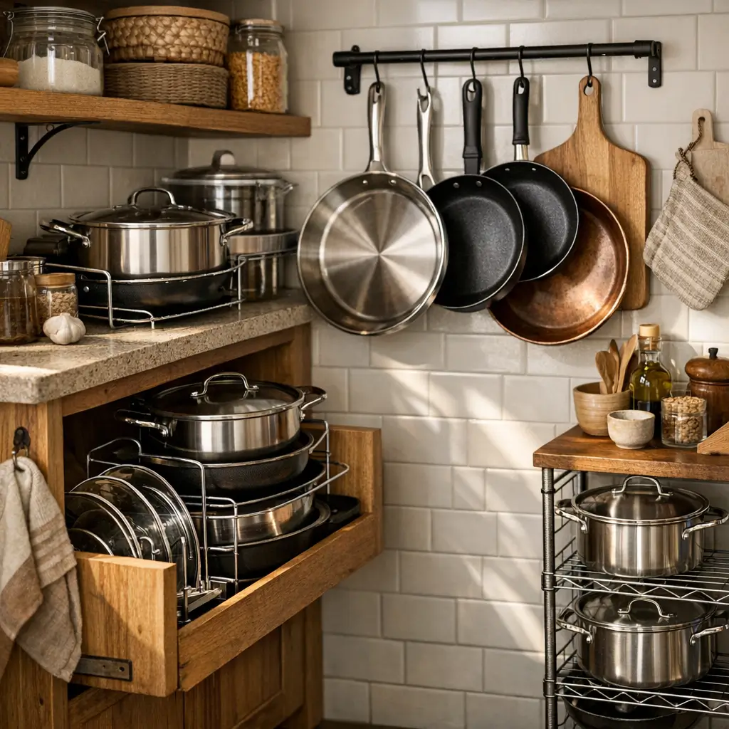 Como organizar panelas na cozinha pequena: ideias﻿, frigideiras penduradas, gaveta com panelas e carrinho aramado