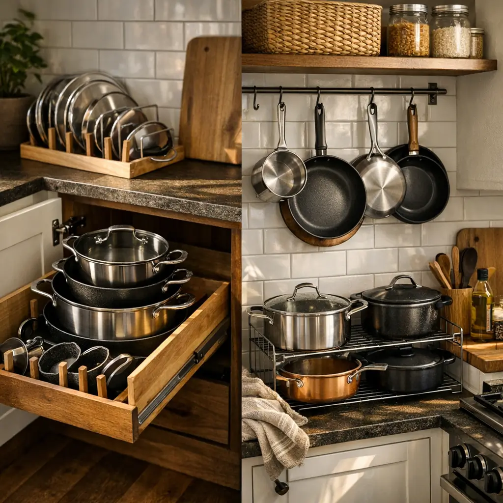 Como organizar panelas na cozinha pequena: ideias﻿, gaveta com panelas e divisórias, frigideiras penduradas e prateleira com panelas