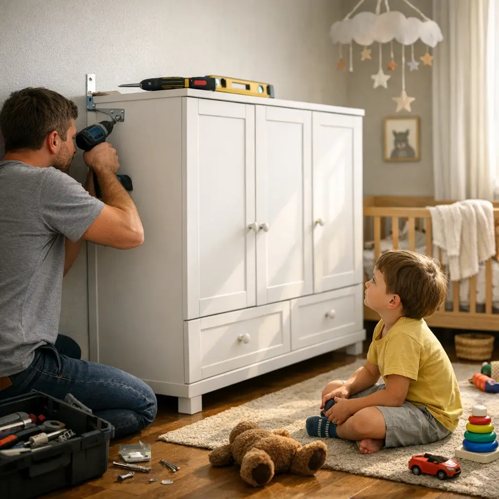 Como prender guarda-roupa na parede: segurança com cantoneira, parafusadeira e criança observando