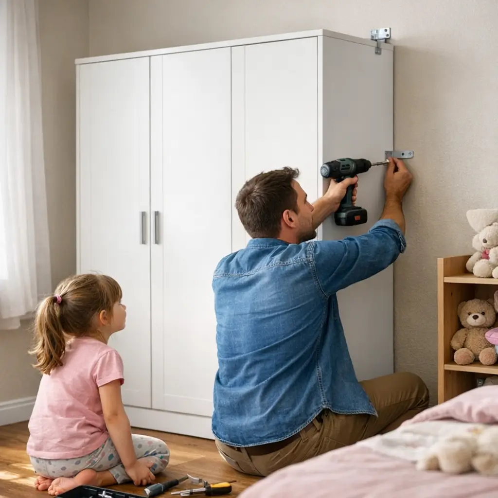 Como prender guarda-roupa na parede: segurança com cantoneiras, homem furando a parede e criança ao lado