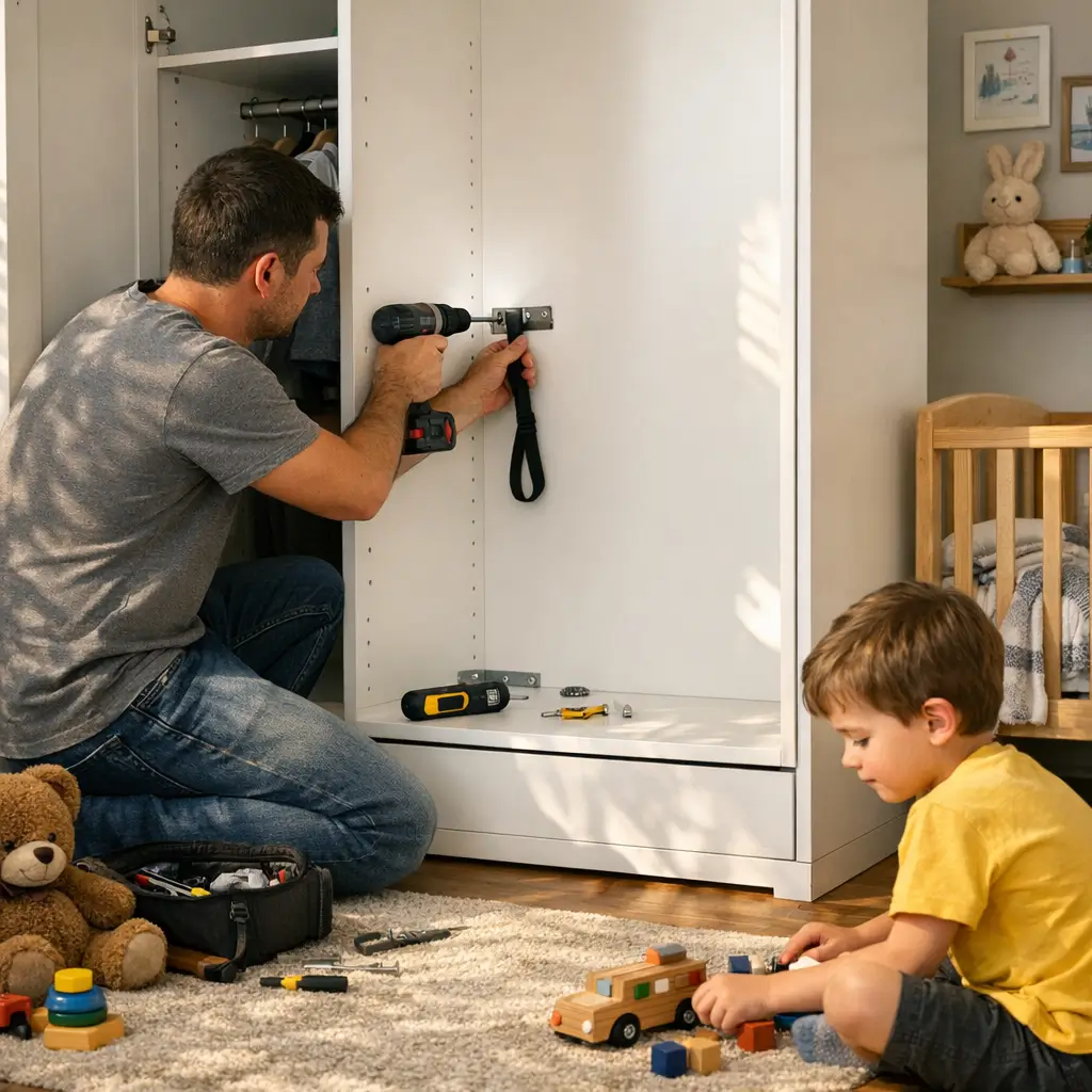 Como prender guarda-roupa na parede: segurança com cinta interna, homem parafusando e criança brincando