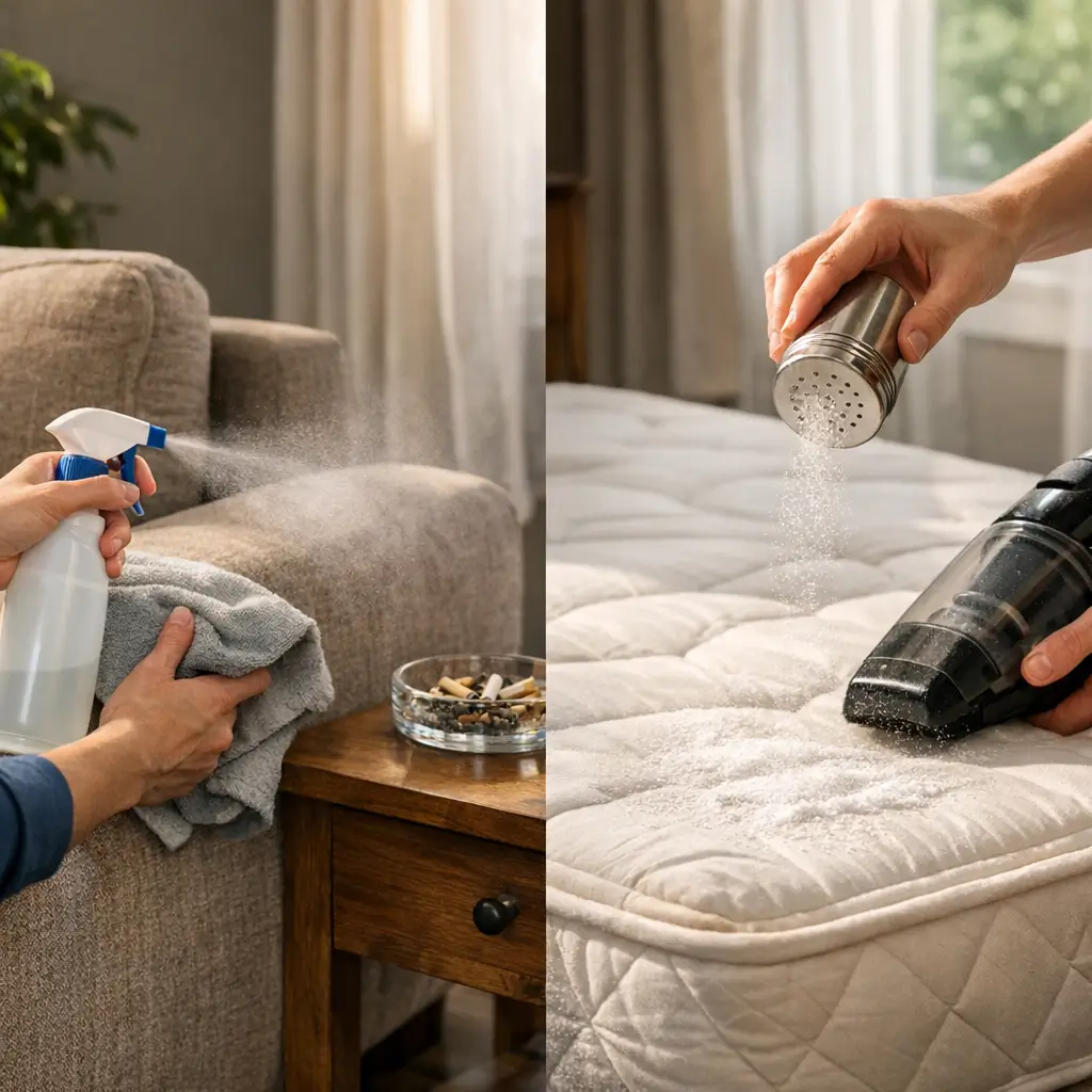 Como tirar cheiro de cigarro do sofá sem encharcar, spray e pano no sofá, bicarbonato e aspirador no colchão