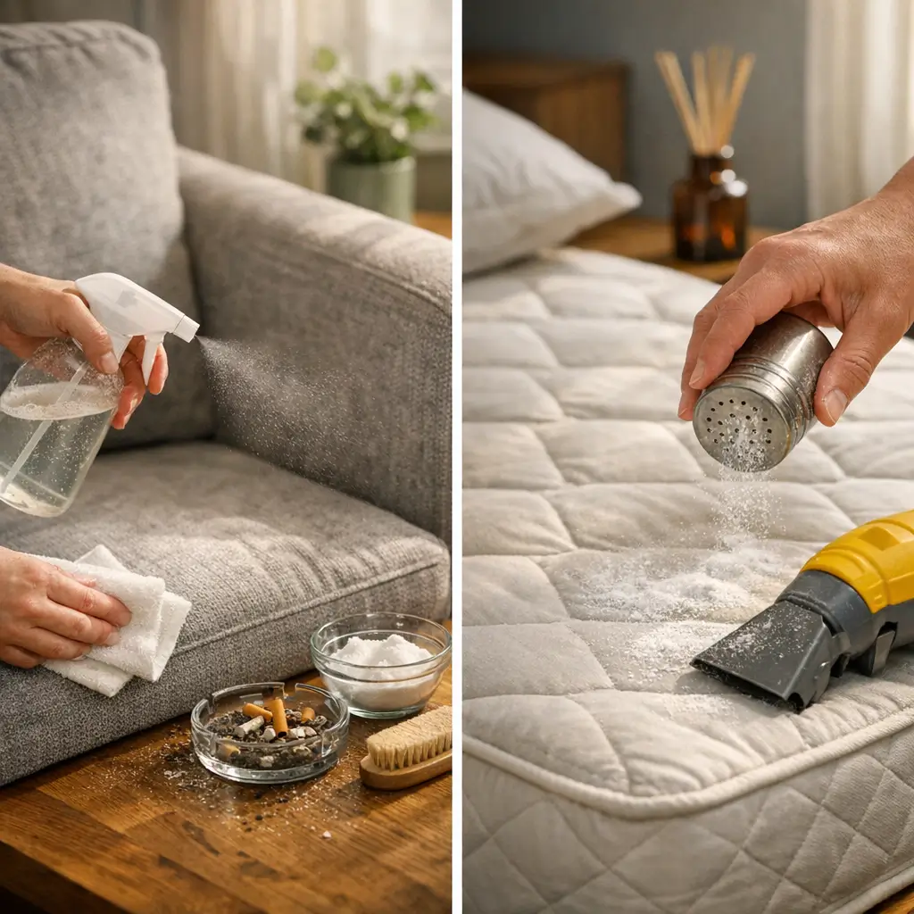 Como tirar cheiro de cigarro do sofá sem encharcar, spray no sofá e bicarbonato aspirado no colchão