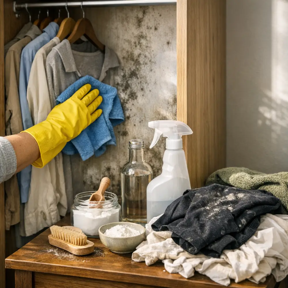 Como tirar mofo do guarda-roupa rápido, luva limpando mofo e roupas penduradas
