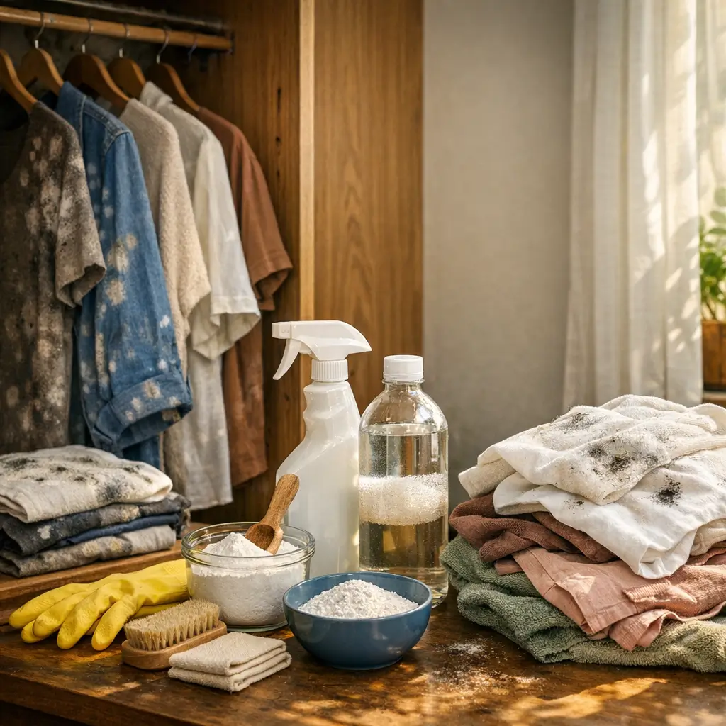 Como tirar mofo do guarda-roupa rápido: roupas mofadas, borrifador, frasco, pó e luvas