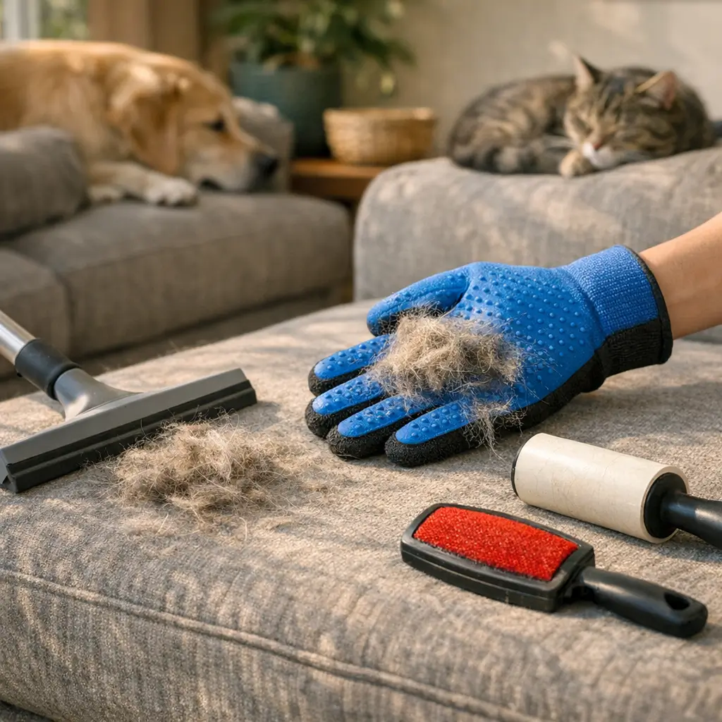 Como tirar pelo de cachorro e gato do sofá rápido: luva azul com pelos, aspirador, rolo adesivo, escova, cachorro e gato no sofá