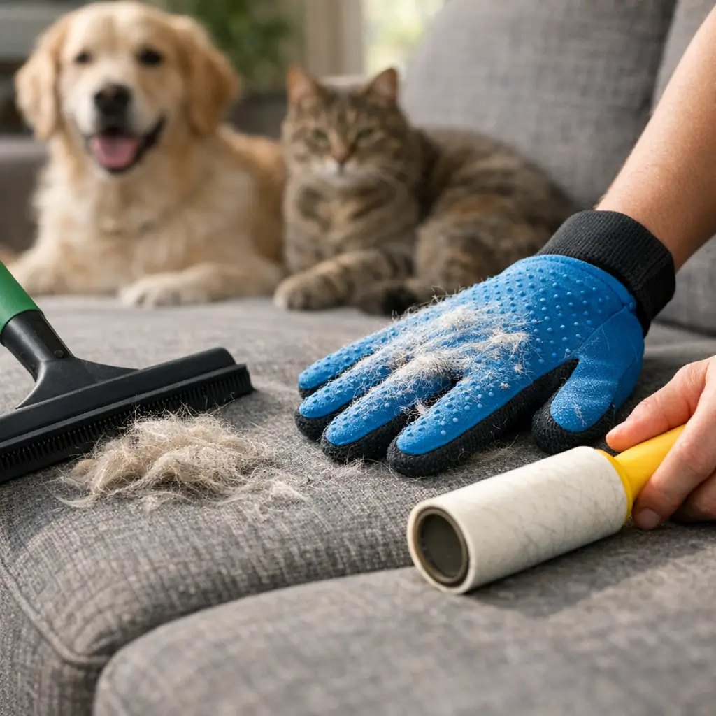 Como tirar pelo de cachorro e gato do sofá rápido: luva azul com pelos no sofá, rolo adesivo, escova, cachorro e gato ao fundo
