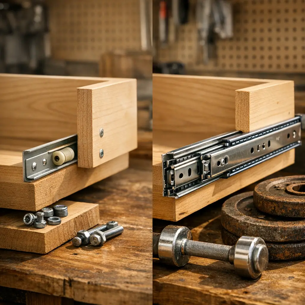 Corrediça simples ou telescópica: qual dura mais, comparação em gaveta de madeira