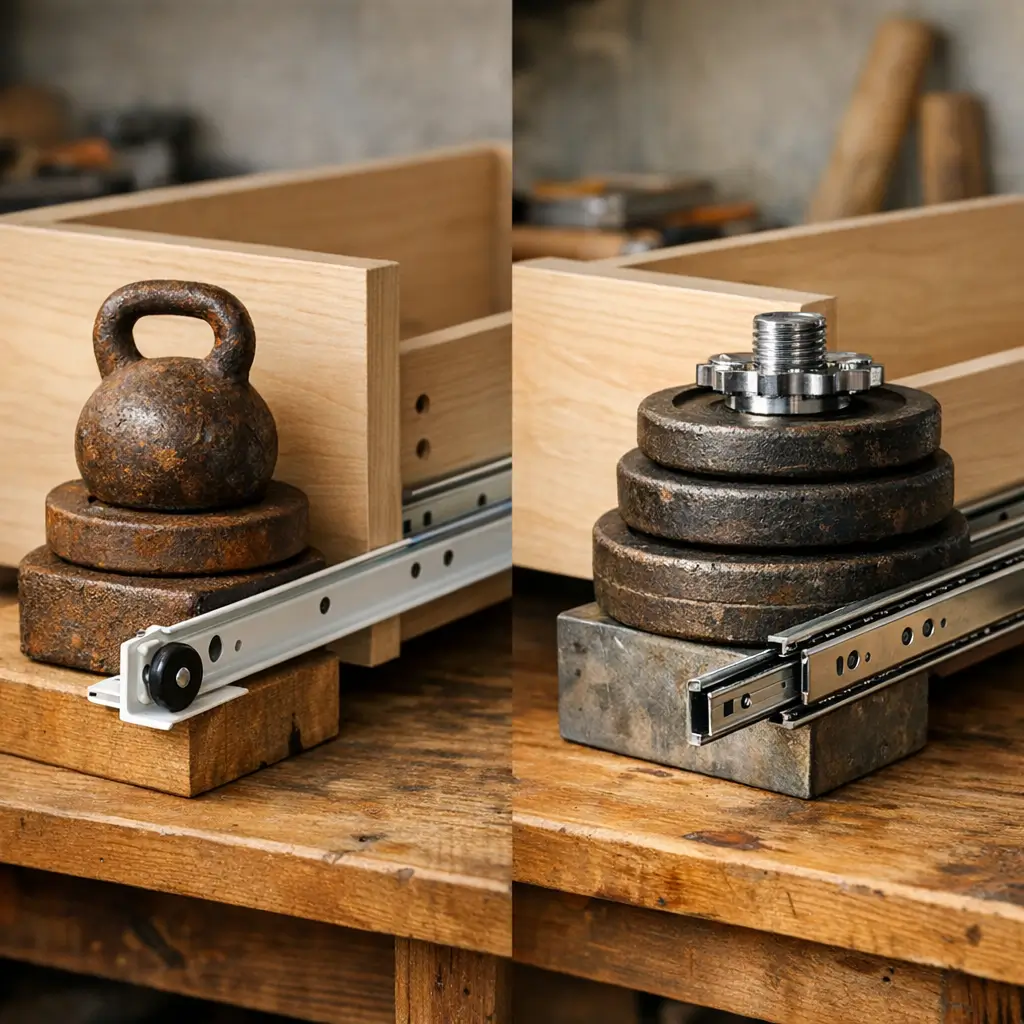 Corrediça simples ou telescópica: qual dura mais, teste de peso na corrediça da gaveta