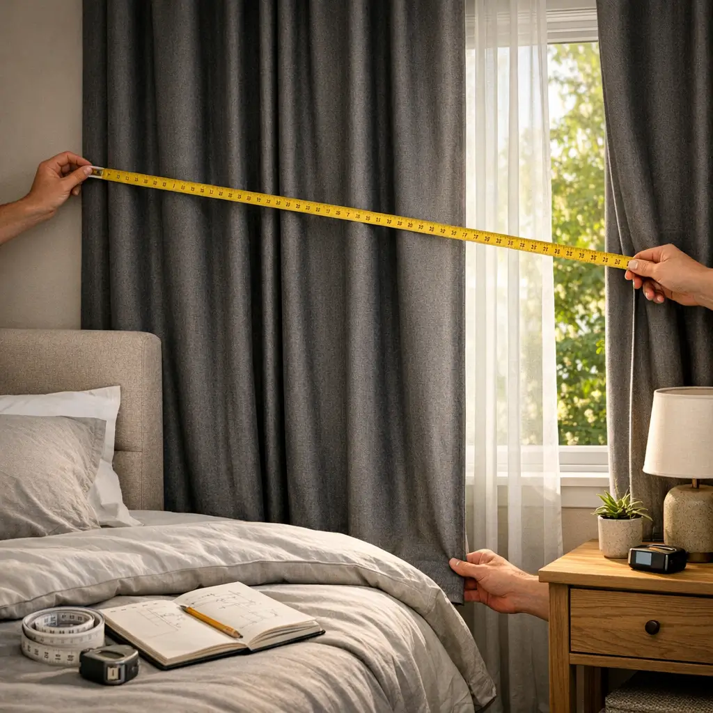 Cortina blackout pro quarto: como escolher o tamanho, fita métrica medindo a cortina na janela