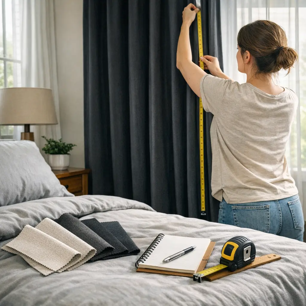 Cortina blackout pro quarto: como escolher o tamanho, mulher medindo cortina com fita métrica