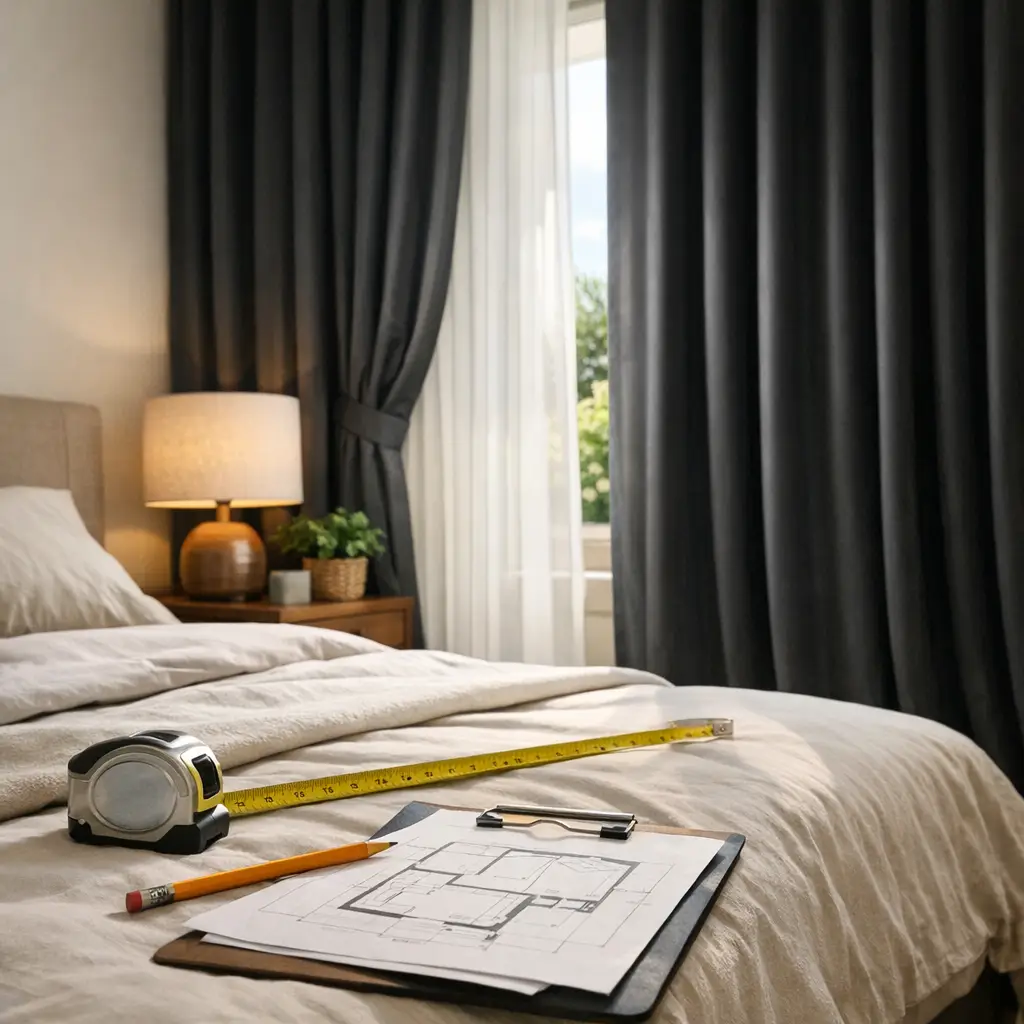 Cortina blackout pro quarto: como escolher o tamanho, trena e planta no leito diante da janela com cortina preta