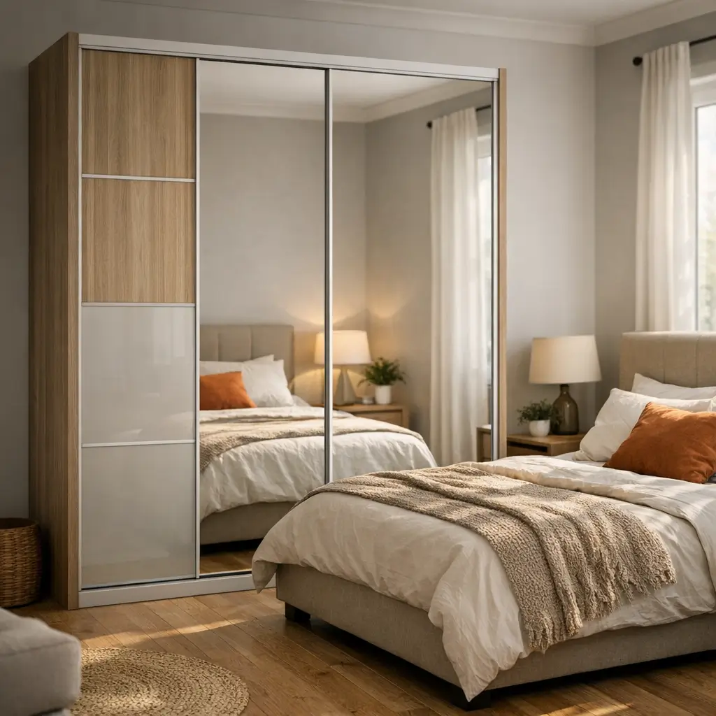 Guarda-roupa com espelho: vale a pena? armário de correr espelhado no quarto com cama e abajur