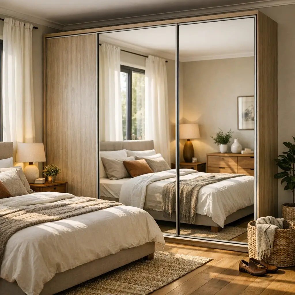 Guarda-roupa com espelho: vale a pena? armário de correr espelhado no quarto com cama e tapete