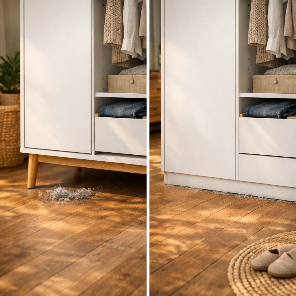 Guarda-roupa com pés ou direto no chão: qual dura mais, poeira no piso e sapatos ao lado