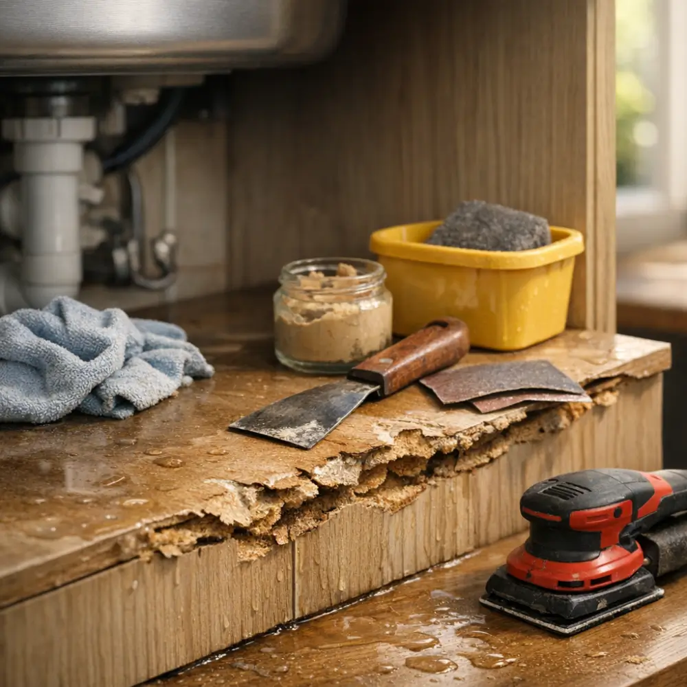 MDF molhou e estufou: tem conserto? armário sob pia inchado, espátula e lixadeira