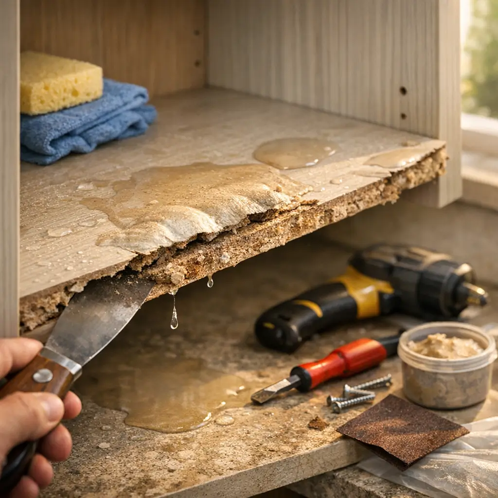 MDF molhou e estufou: tem conserto? prateleira inchada com água, espátula e ferramentas