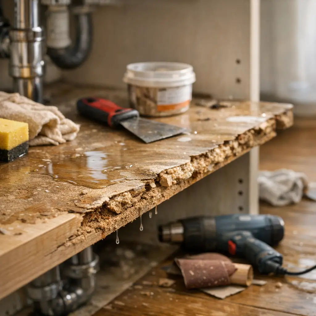 MDF molhou e estufou: tem conserto? prateleira sob pia esfarelada, água pingando e ferramentas