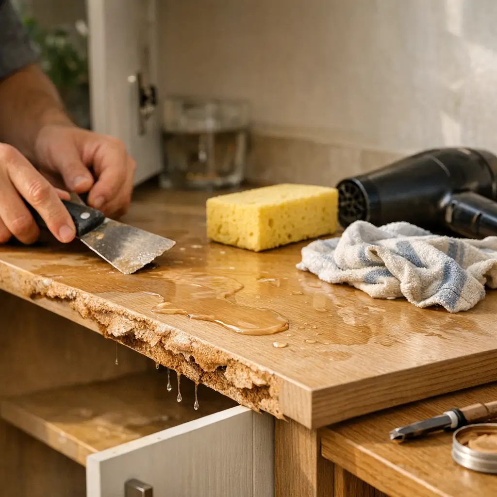 MDF molhou e estufou: tem conserto? tampo inchado pingando, espátula, esponja e secador