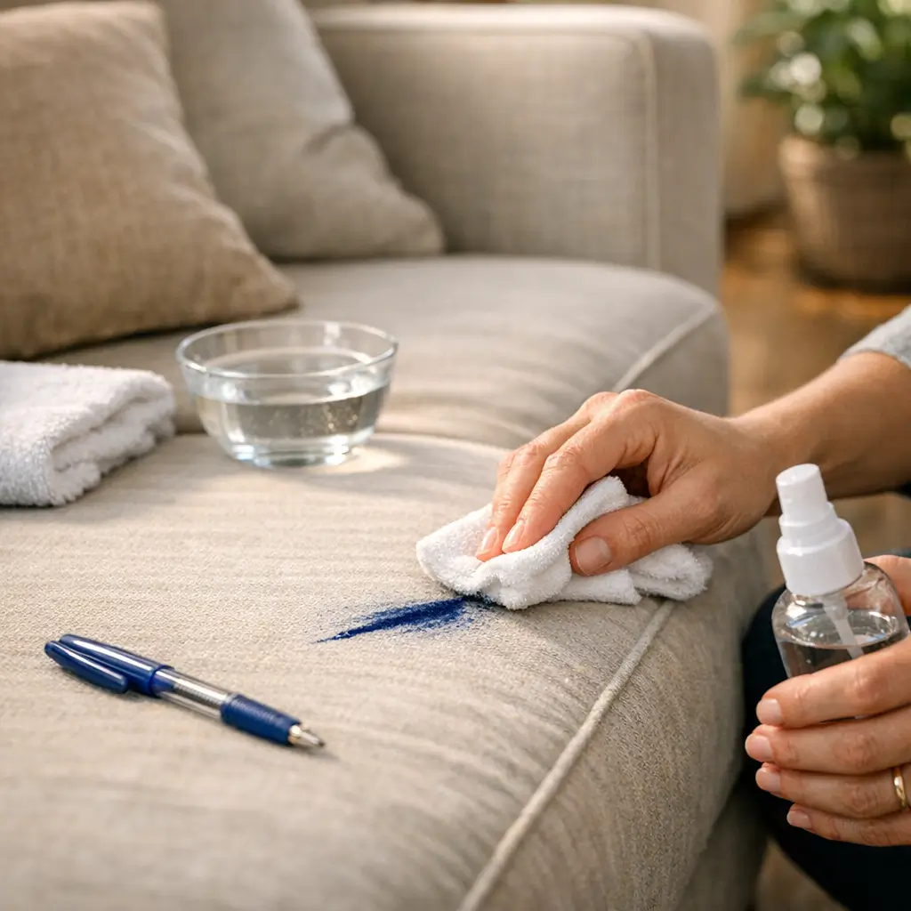 Mancha de caneta no sofá: como tirar sem manchar, mão com pano limpando mancha azul, caneta, spray e tigela com água
