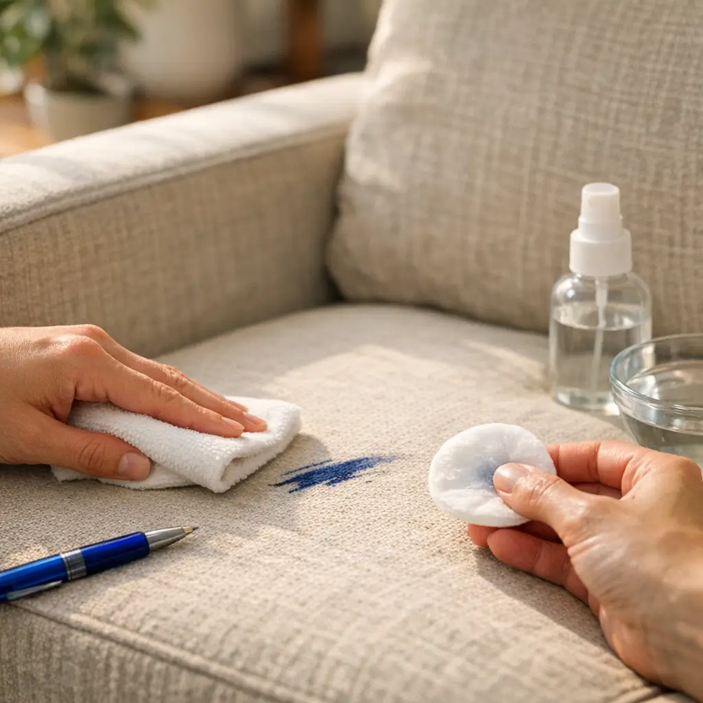 Mancha de caneta no sofá: como tirar sem manchar, mãos com pano e algodão na mancha azul, caneta e spray ao lado