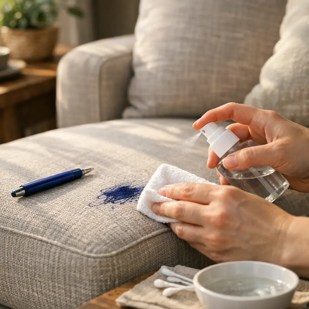 Mancha de caneta no sofá: como tirar sem manchar, mãos com spray e pano na mancha azul, caneta e tigela com água