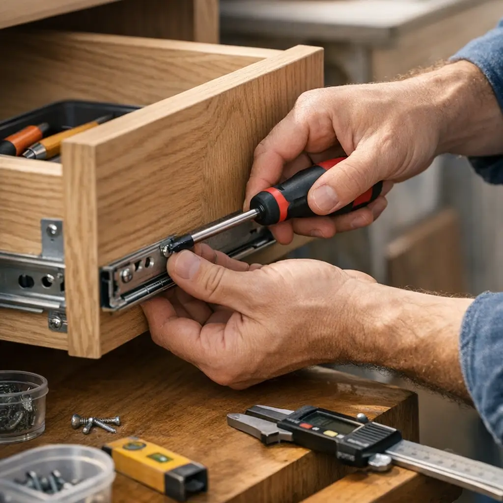 Mãos apertando corrediça da gaveta, ferramentas na bancada Gaveta emperrando: como destravar e ajustar