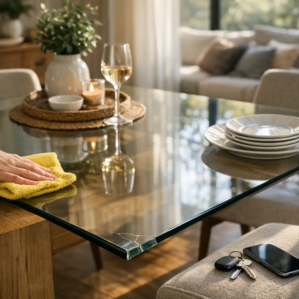 Mesa com tampo de vidro vale a pena? Prós e contras mão limpando mesa, quina lascada, taça e pratos