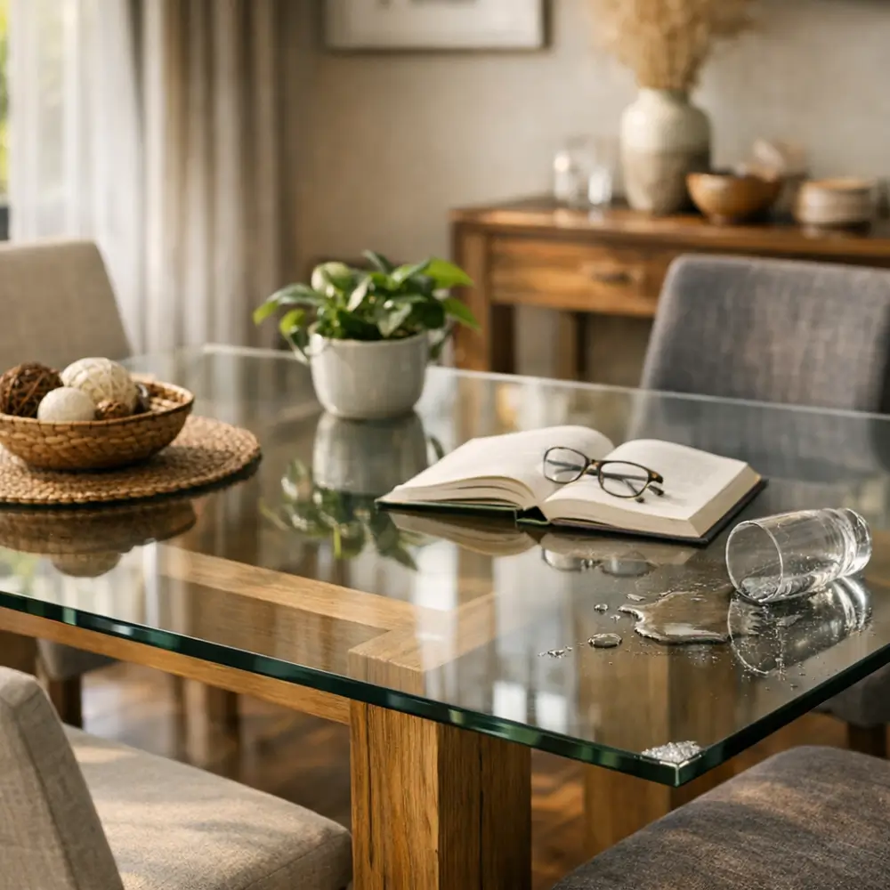 Mesa com tampo de vidro vale a pena? Prós e contras mesa com copo virado, água derramada, livro e óculos