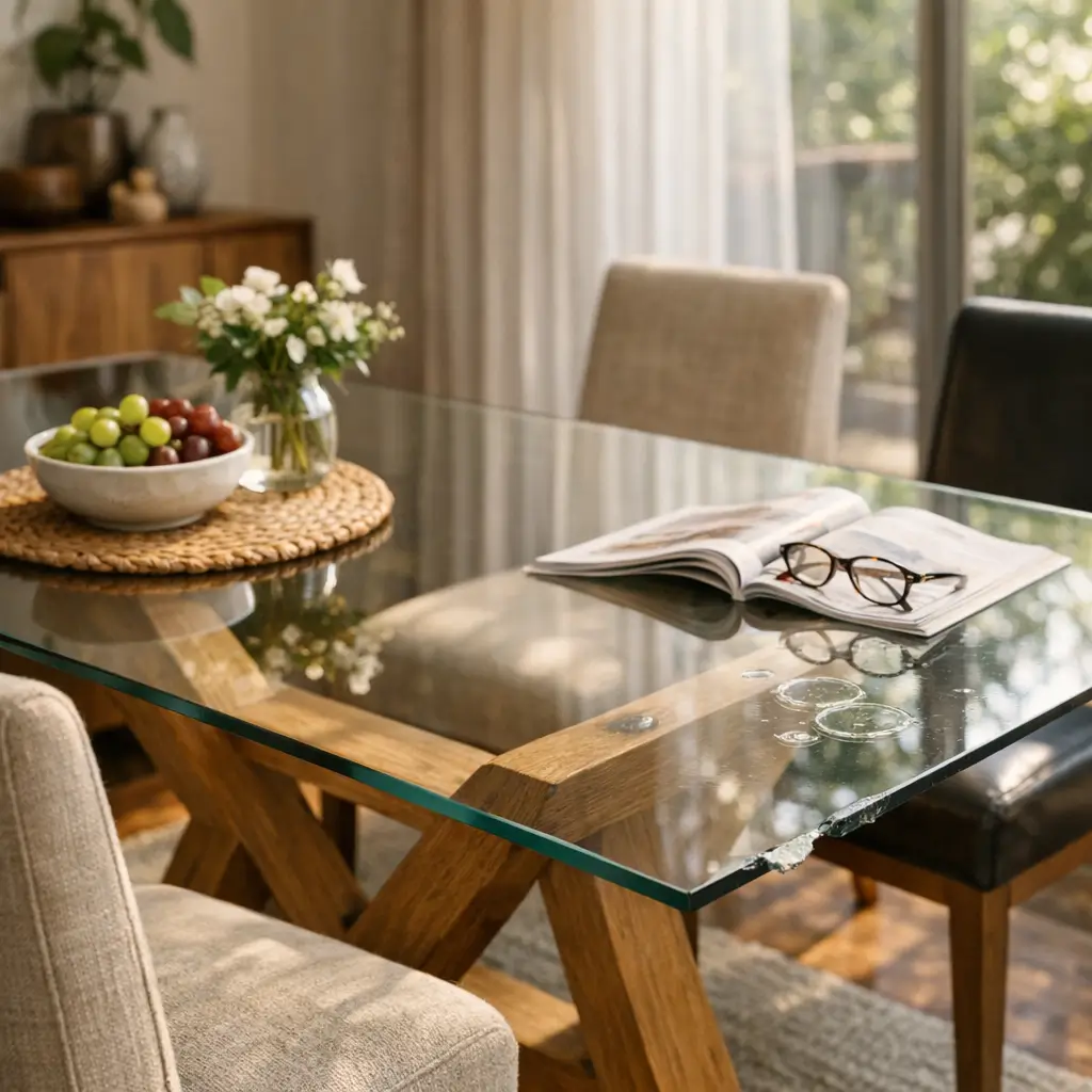 Mesa com tampo de vidro vale a pena? Prós e contras mesa com quina lascada, revista e óculos