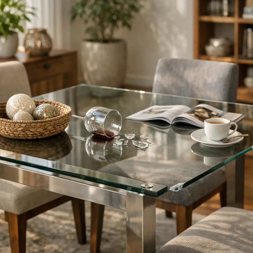 Mesa com tampo de vidro vale a pena? Prós e contras taça caída, vinho derramado e cacos no tampo