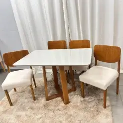 Mesa De Jantar Bali 120x90cm Com Vidro E 4 Cadeiras Barcelona Em Linho Madeira Minas Plac 61420