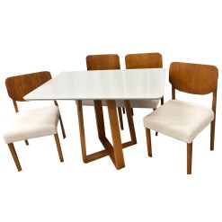 Mesa De Jantar Bali 120x90cm Com Vidro E 4 Cadeiras Barcelona Em Linho Madeira Minas Plac Cinamomo Off White Com Tecido Bege 46084