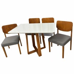 Mesa De Jantar Bali 120x90cm Com Vidro E 4 Cadeiras Barcelona Em Linho Madeira Minas Plac Cinamomo Off White Com Tecido Cinza 27658