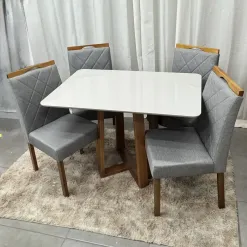 Mesa De Jantar Bali 120x90cm Com Vidro E 4 Cadeiras California Em Linho Estofadas Minas Plac 38637