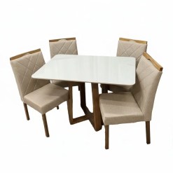 Mesa De Jantar Bali 120x90cm Com Vidro E 4 Cadeiras California Em Linho Estofadas Minas Plac Cinamomo Off White Com Tecido Bege 53309