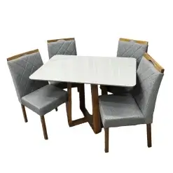 Mesa De Jantar Bali 120x90cm Com Vidro E 4 Cadeiras California Em Linho Estofadas Minas Plac Cinamomo Off White Com Tecido Cinza 34860